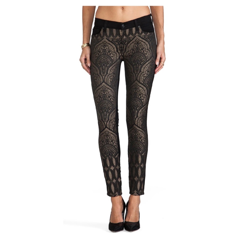 7 For All Mankind  Black/Gold Jacquard Skinny Jeans. Size 29